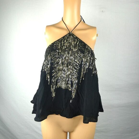 Free People Smoke Screen Black Halter Top Sequin Beaded Sparkly Size XS Glam - Picture 1 of 8